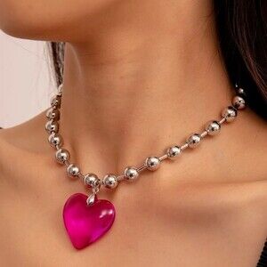 Pink Heart Beaded Choker Necklace Statement Jewelry